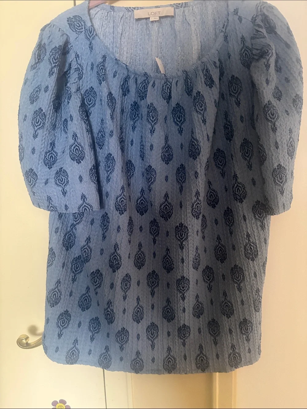 LOFT Light Blue Textured Puff Sleeve Blouse with Navy Motif